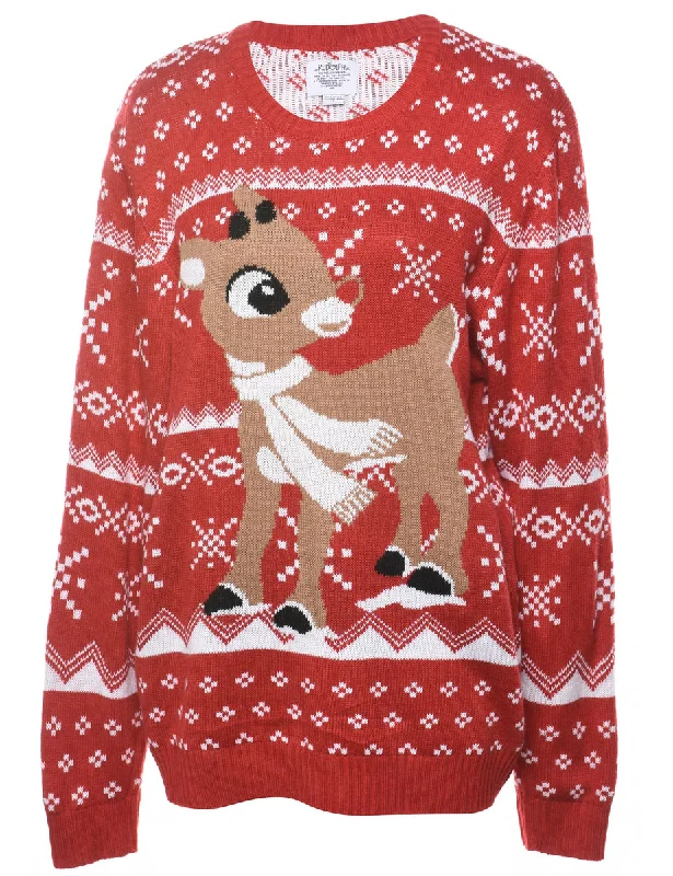 Animal Design Christmas Jumper - L Welt Pockets Slit Pockets Flap Pockets