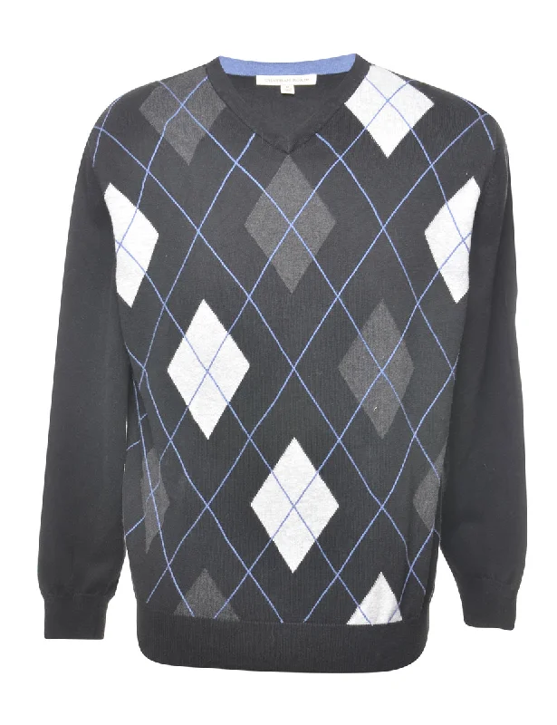 Argyle Black Classic Jumper - M Hooded Sweater Collared Sweater Shawl Collar