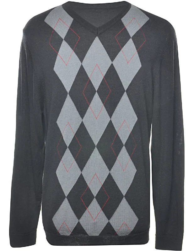 Argyle Black Jumper - L Slim Fit Regular Fit Oversized