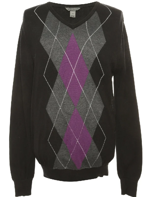 Argyle Black & Purple Knit Jumper - L Long Sweater Short Sweater Cropped Sweater