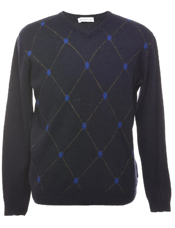 Argyle Jumper - L Solid Print Embellished