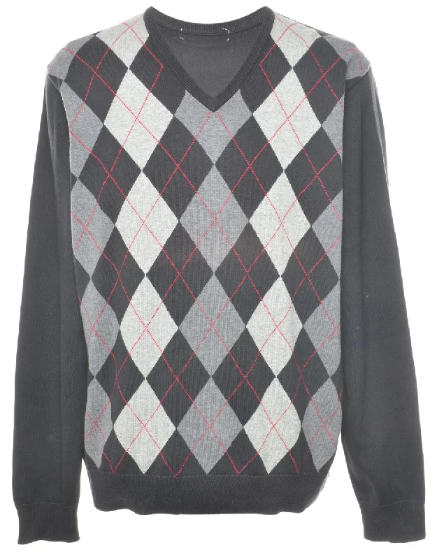 Argyle Jumper - L Ribbed Striped Patterned