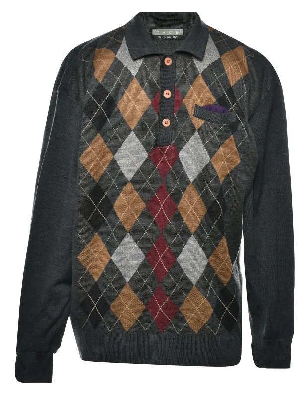 Argyle Jumper - M Real Fur Shearling Chenille