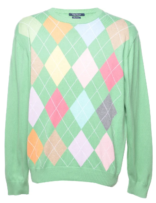 Argyle Knit Gren & Pink Jumper - L Sequined Glittery Shiny