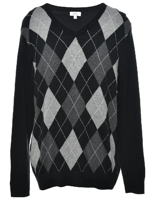 Argyle Knit Jumper - M Collared Crew Neck Turtle Neck