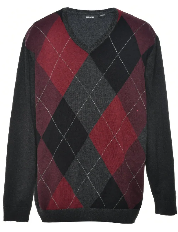 Argyle Knit Jumper - M Zippered Buttoned Snapped