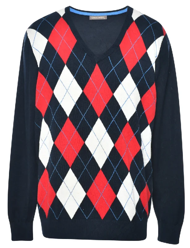 Argyle Knit Jumper - M Fitted Loose Oversized