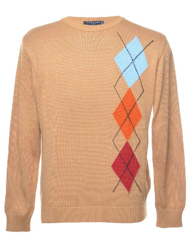 Argyle Light Brown & Orange Knit Jumper - L Zippered Front Buttoned Front Snap Front