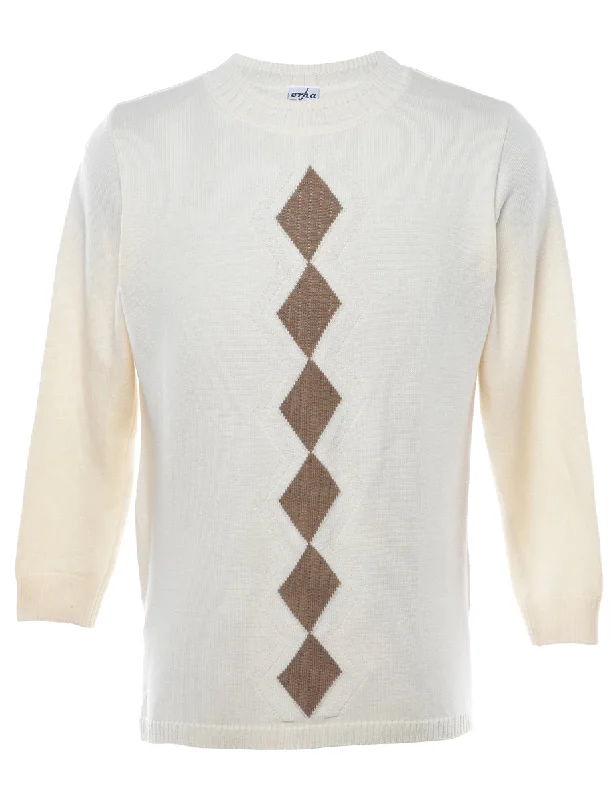 Argyle Off White Jumper - S Ribbed Striped Patterned