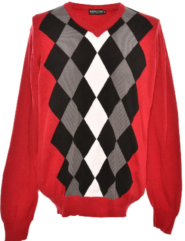 Argyle Red Jumper - M Hooded Sweater Collared Sweater Shawl Collar