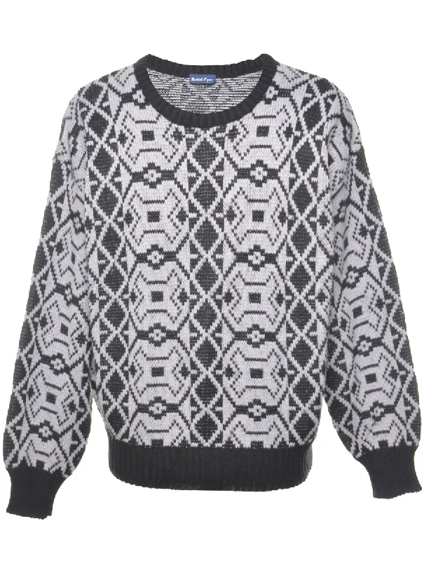 Aztec Design Black & Grey Patterned Jumper - M Spandex Rayon Corduroy