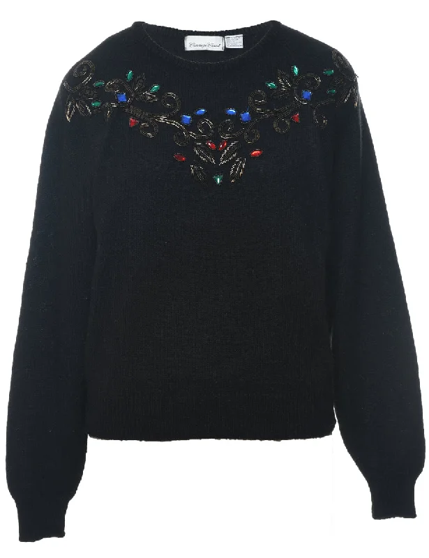 Beaded Black Jumper - M Transparent Opaque Sheer