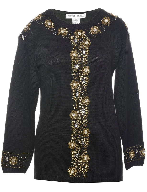 Beaded Black Jumper - S Ribbed Striped Patterned