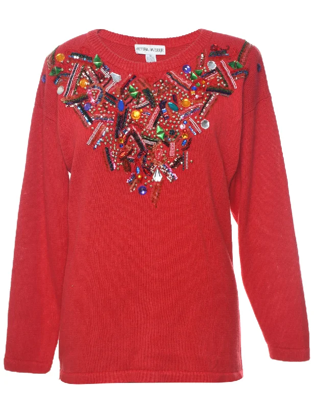 Beaded Red Jumper - M Elasticated Padded Insulated