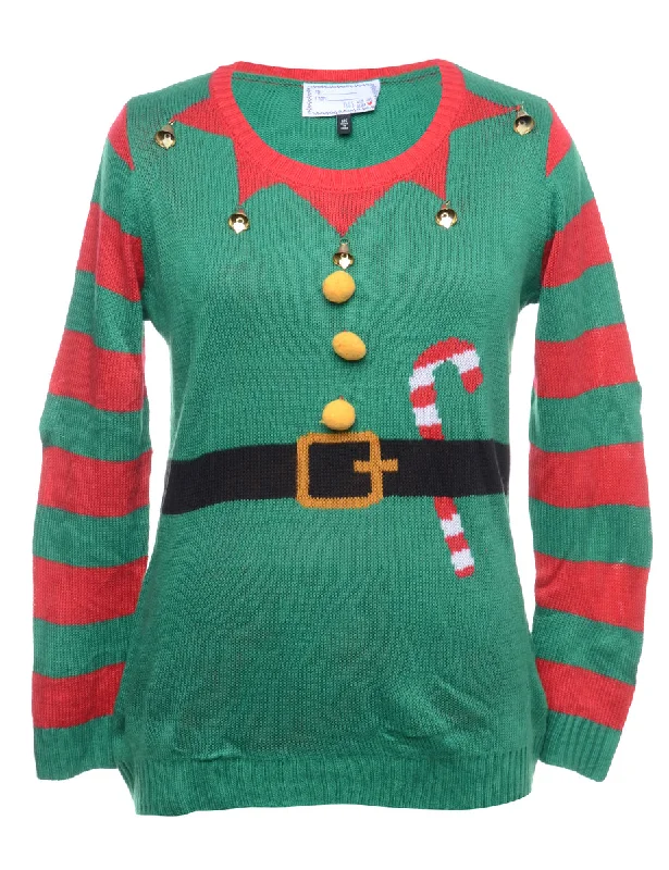 Beyond Retro Reworked Christmas Jumper With Bells - L Thin Thick Dense