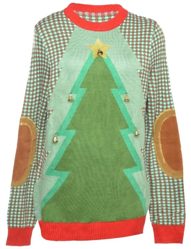 Beyond Retro Reworked Christmas Jumper With Bells - L Herringbone Houndstooth Plaid