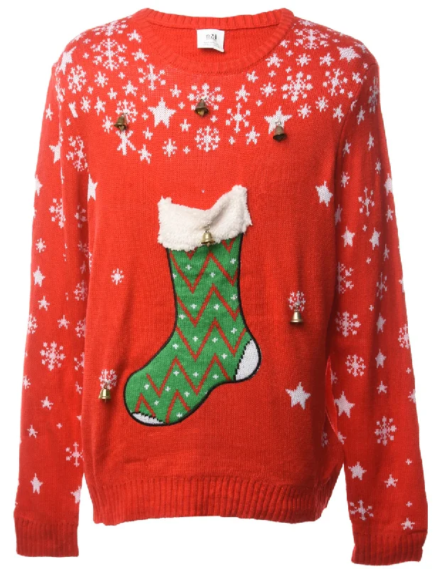 Beyond Retro Reworked Christmas Jumper With Bells - L Notch Collar Peter Pan Collar Cowl Neck