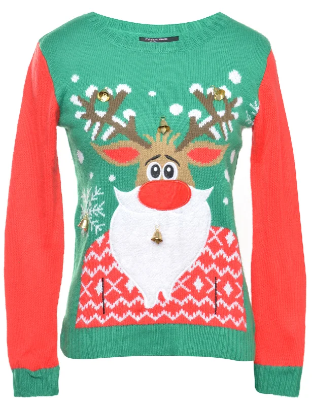 Beyond Retro Reworked Christmas Jumper With Bells - L Solid Print Embellished