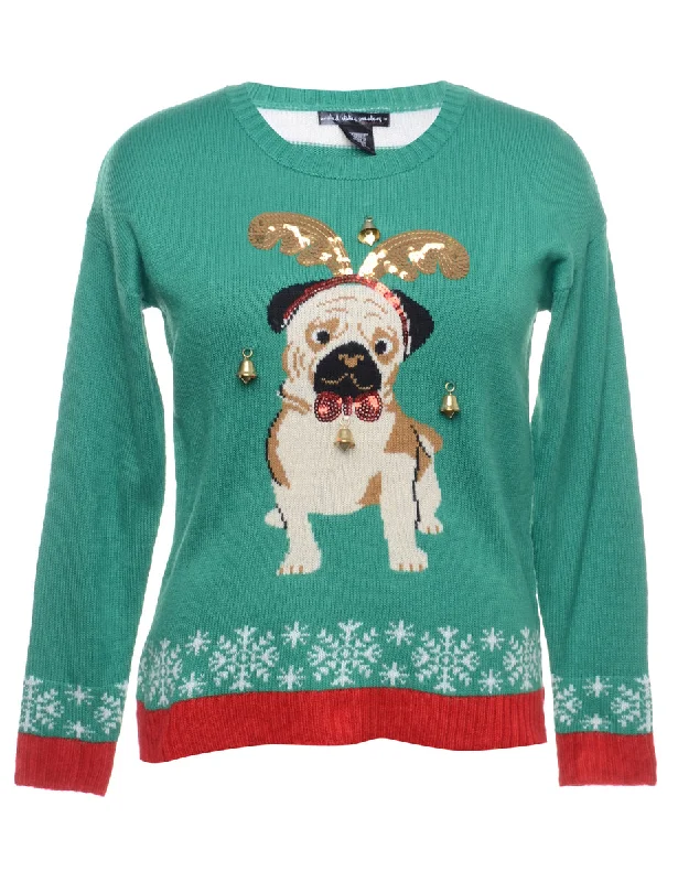 Beyond Retro Reworked Christmas Jumper With Bells - M Boat Neck Shawl Collar Notched Collar