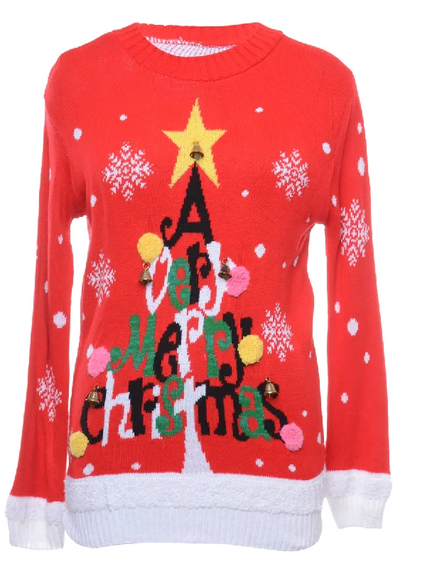 Beyond Retro Reworked Christmas Jumper With Bells - M High Neck Crew Neck V-Neck