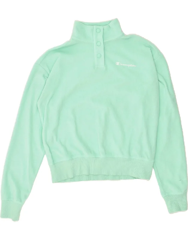 CHAMPION Womens Button Neck Fleece Jumper UK 14 Medium Turquoise Neon Metallic Matte