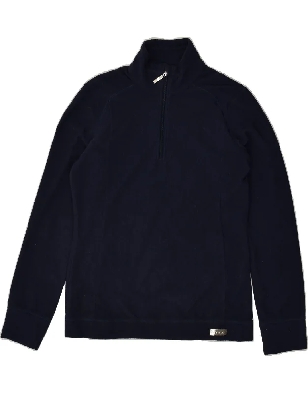 CHAMPION Womens Zip Neck Fleece Jumper UK 14 Medium Navy Blue Polyester Print Jacquard Patchwork