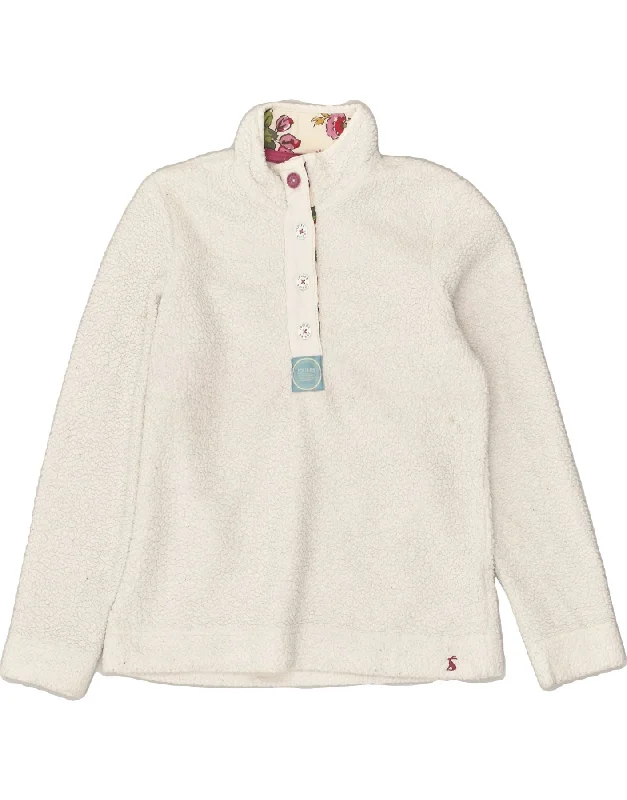 JOULES Womens Button Neck Fleece Jumper UK 8 Small Off White Polyester Zippered Front Buttoned Front Snap Front