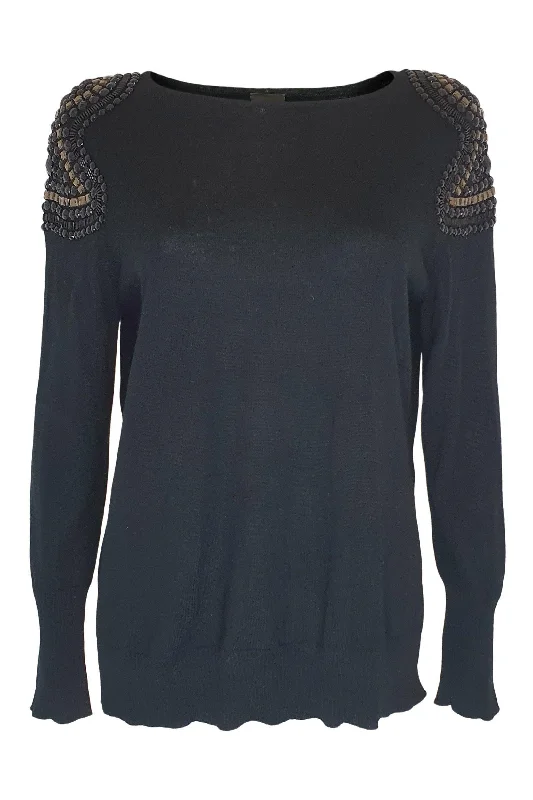 MADELEINE Black Virgin Wool Beaded Shoulder Long Sleeve Jumper (UK 14) Chenille Blend Fleece Blend Nylon Blend