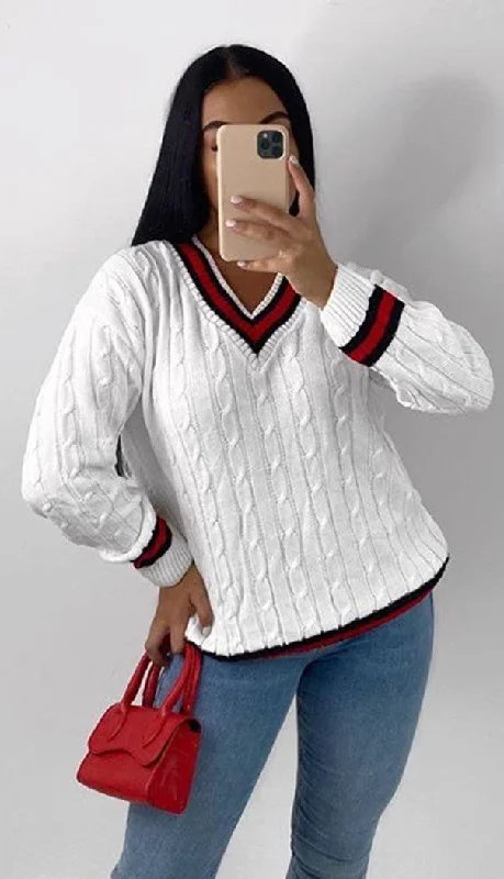 V-Neck Knitted Cricket Jumper Fleece Sweater Nylon Polyester