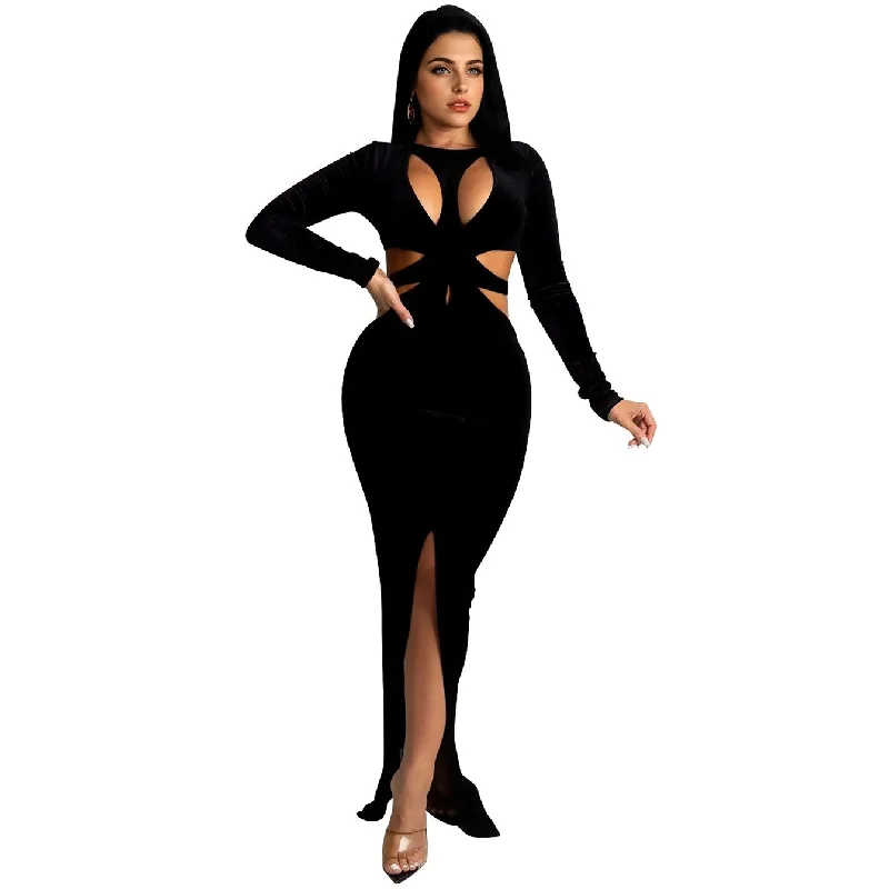 Julia Fashion - Sexy O Neck Cut Out Long Sleeve Split Maxi Dress Cozy Open-Back Maxi Dress