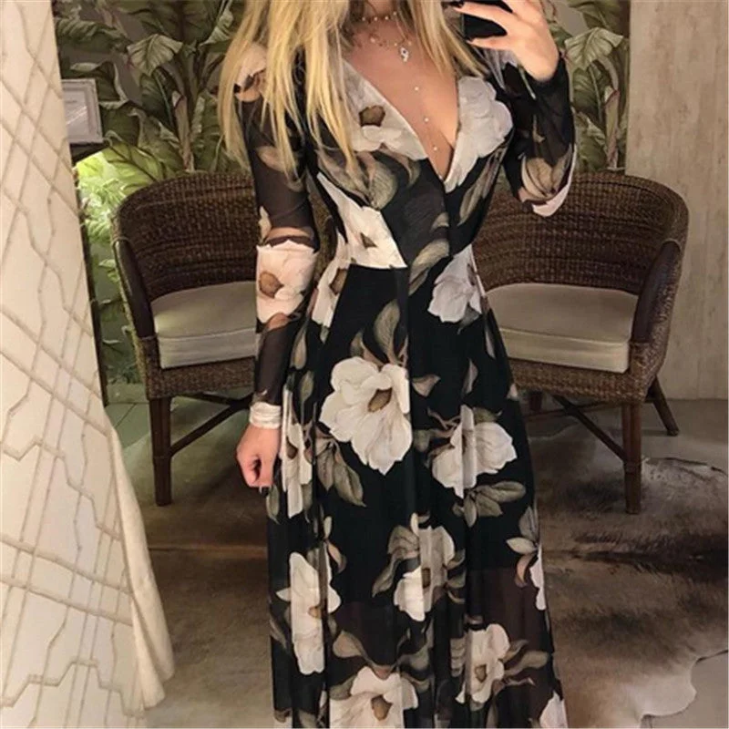 Julia Fashion - Women's Sexy V-Neck Long Sleeve Print Long Maxi Dress Elegant Maxi Dress with Belt