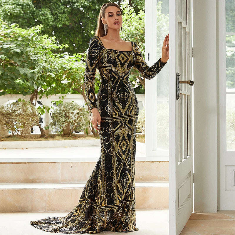 2024 Elegant Ladies Vestido De Festa Square Collar Long Sleeve Black Gold Sequined Formal Occasion Evening Party Maxi Dresses Comfortable Long-Sleeve Maxi Dress