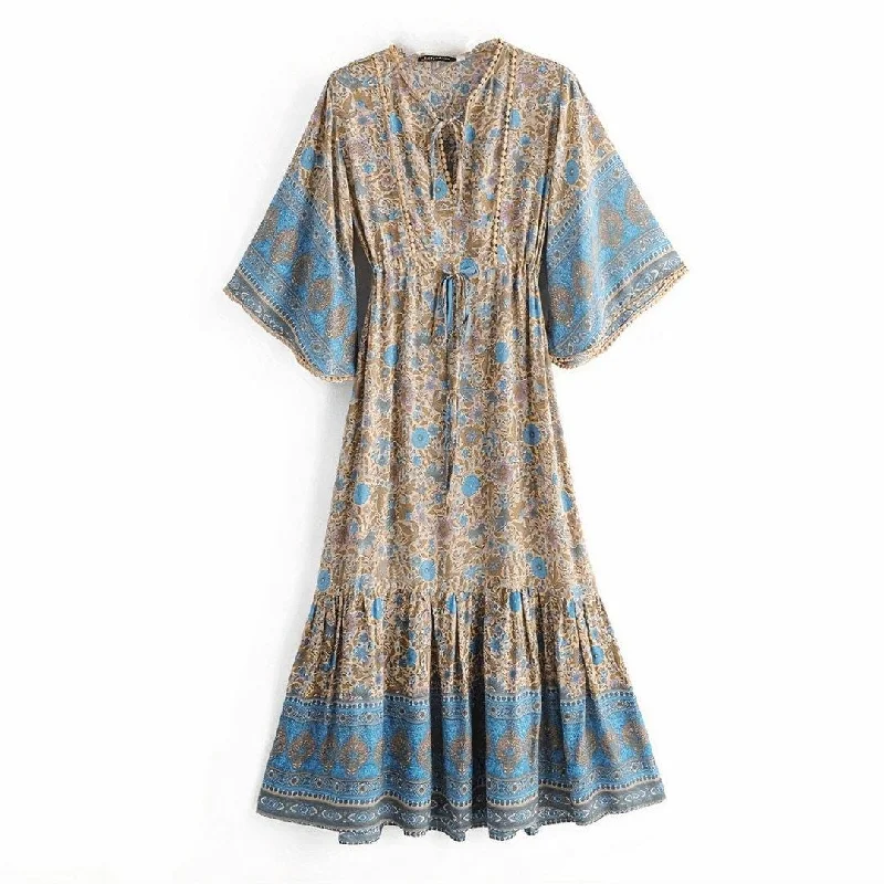 Aba Bohemian Maxi Dress Comfortable Maxi Dress with Sleeves