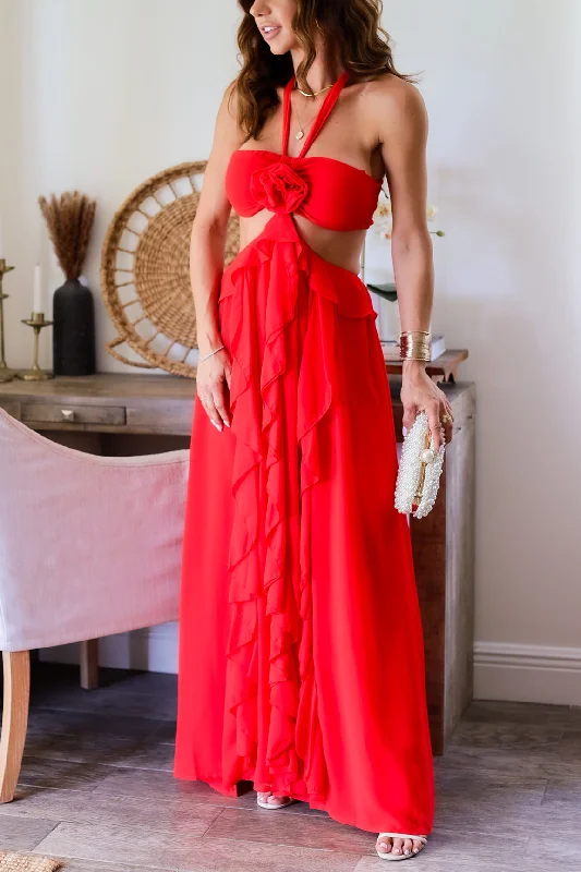 Ania Maxi Dress- Red Elegant Lace-Up Maxi Dress