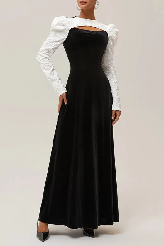 Classic Crew Neck Long Puff Sleeve A-Line Maxi Dress Fashionable Chiffon Tiered Maxi Dress