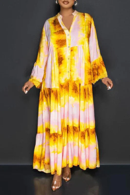 Stylish Allover Print Ruffle Hem Maxi Dress Stylish Maxi Dress with Frills