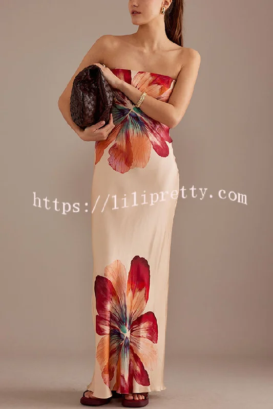 Charming Lady Satin Floral Print Bandeau Loose Maxi Dress Elegant Maxi Dress with Drapes