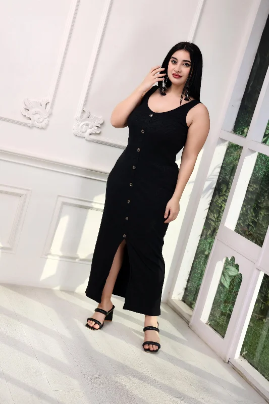 Black Solid Buttoned Maxi Dress Comfortable Maxi Dress with Sleeves