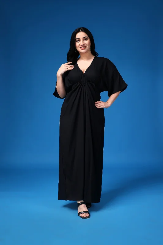 Black Solid Gathered Maxi Dresss Classic A-Line Maxi Dress