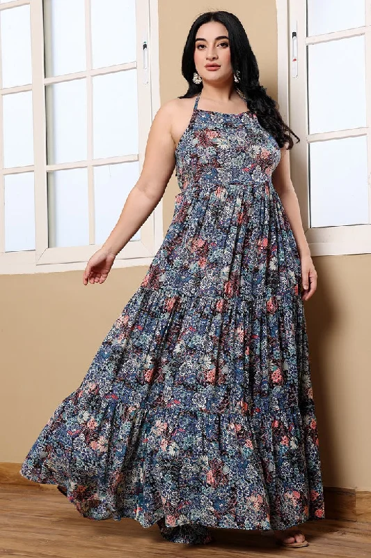 Blue Floral Printed Layered Maxi Dress Trendy Button Front Maxi Dress