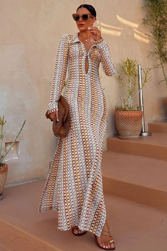 Boho Collared V Neck Split Wavy Striped Crochet Beach Vacation Maxi Dress - Brown Elegant Maxi Dress with Slit