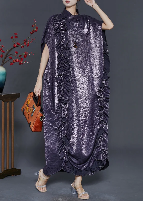 Charcoal Grey Silk Maxi Dresses Ruffled Summer Trendy Printed Maxi Dress