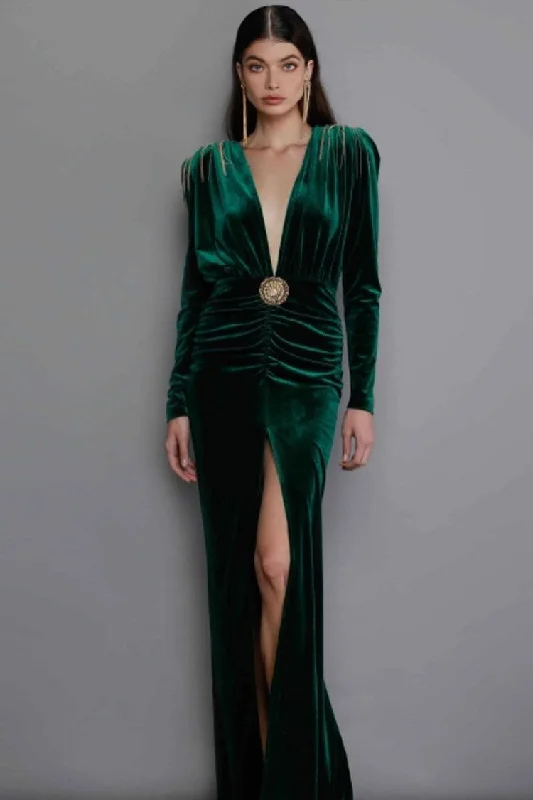 Deep V Long Sleeve Fringe Evening Maxi Dress - Emerald Green Comfortable Fit-and-Flare Maxi Dress