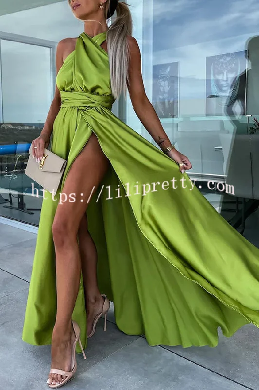 Lilipretty Different Elegant Effects Satin Free Tie Neck Slit Maxi Dress Cozy Longline Maxi Dress