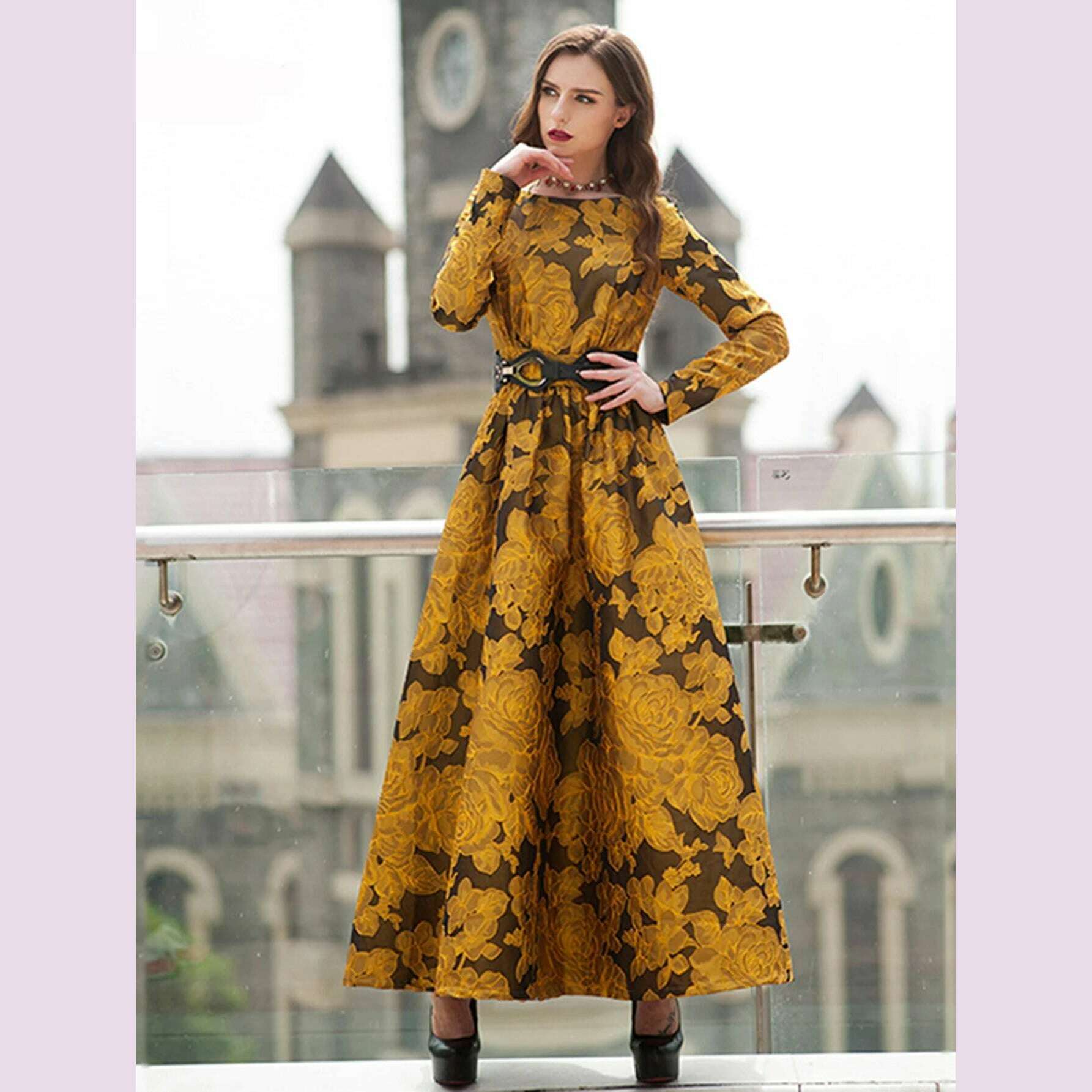 Elegant Women Floral Long Maxi Dress Jacquard Evening Party Boho Fall Winter Vintage Dress Ladies A-Line Robe Comfortable T-Shirt Maxi Dress