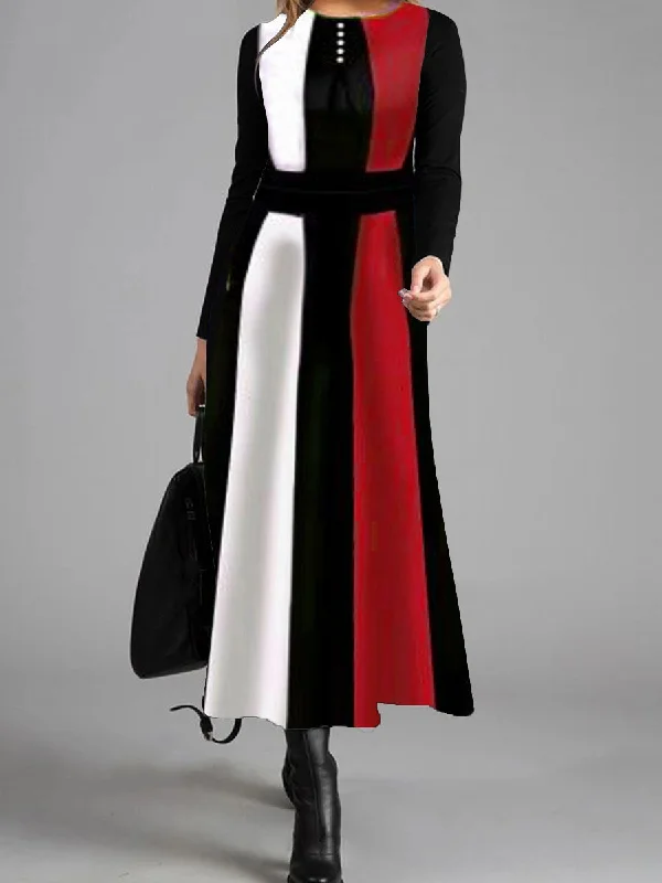 Elegant Retro Color Matching Long Sleeve Maxi Dress Fashionable Halter Neck Maxi Dress