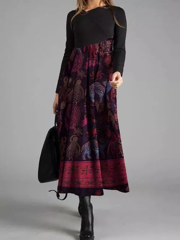 Elegant Retro Floral Long Sleeve Maxi Dress Classic Strapless Maxi Dress