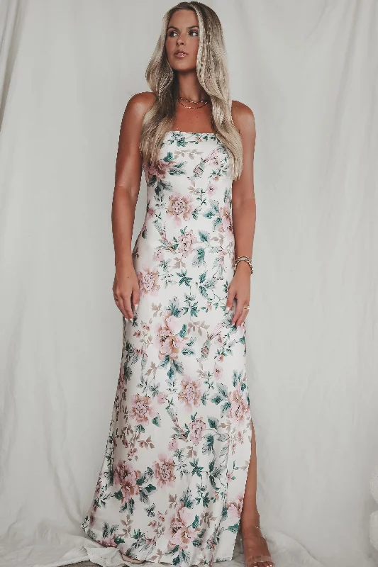 Eyes On You Obviously Ivory Satin Strapless Maxi Dress Comfortable Fit-and-Flare Maxi Dress