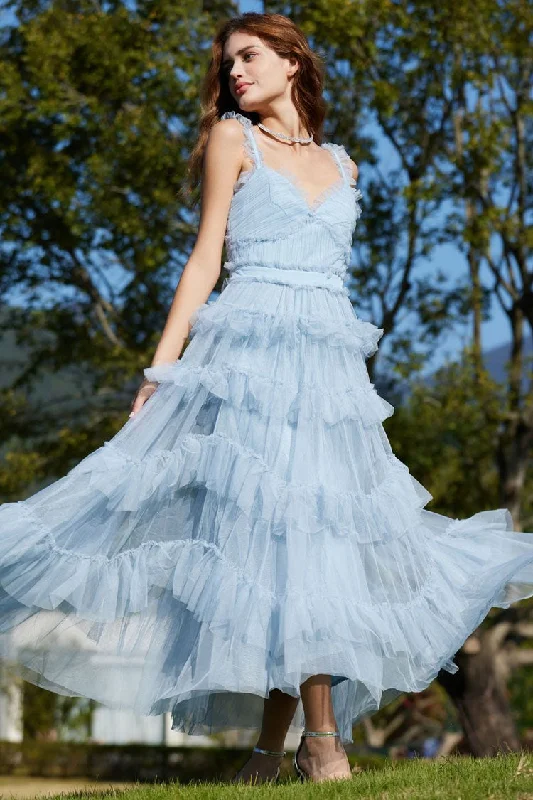 French Style Ruffle V Neck Sleeveless Tiered Tulle Evening Maxi Dress - Blue Trendy Satin Maxi Dress