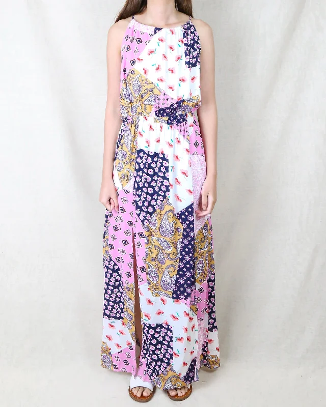 Get Like Floral Patchwork Maxi Dress in Navy/Pink Fashionable High-Waist Maxi Dress